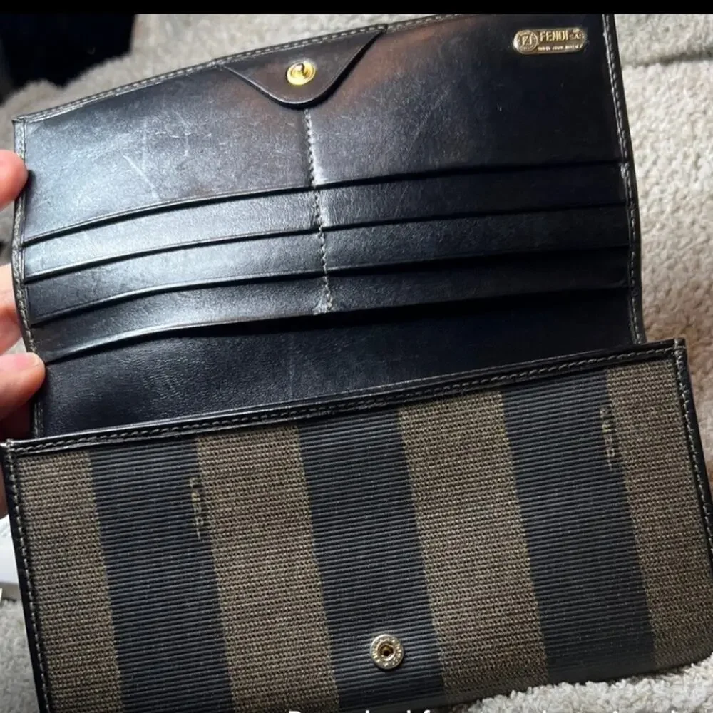 Fendi Black and Taupe Striped Wallet with Removable Gold Tone chain VTG